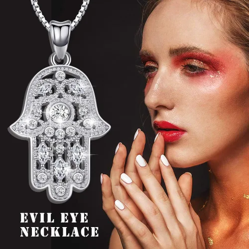 Miniatura 3 de Aniu Collar de plata de ley 925 para mujer colgante de mano de Fátima con circonita cúbica viene con caja de regalo de joyería negra y cadena de 18