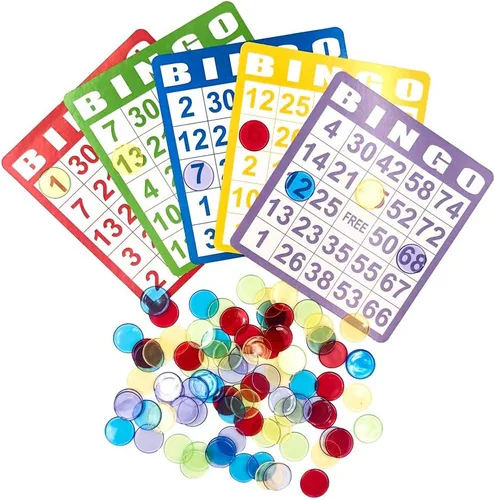 Miniatura 3 de Juego de cartas de bingo Yuanhe - Incluye 50 tarjetas de bingo y 500 fichas de bingo transparentes y coloridas, para juegos de bingo