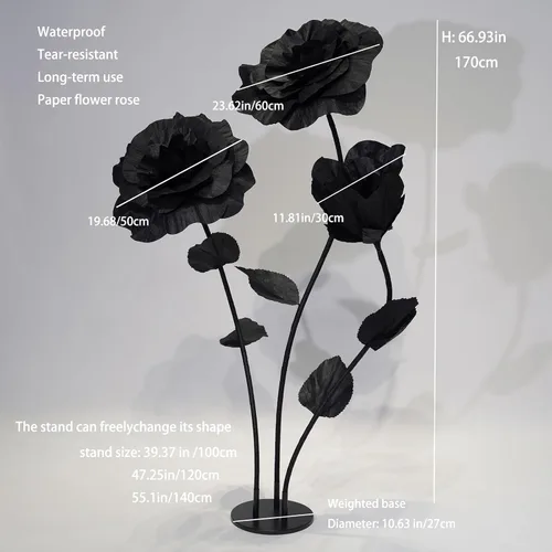 Miniatura 7 de Rosas negras de gran tamaño, flores artificiales gigantes para decoración con soporte, escultura de rosa de papel grande para bodas, fiestas