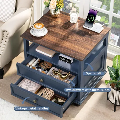 Miniatura 4 de Joaxswe Mesita de noche de estilo granja con estación de carga, mesa auxiliar de 61 cm de ancho con 2 cajones, cómoda azul para dormitorio, cómoda