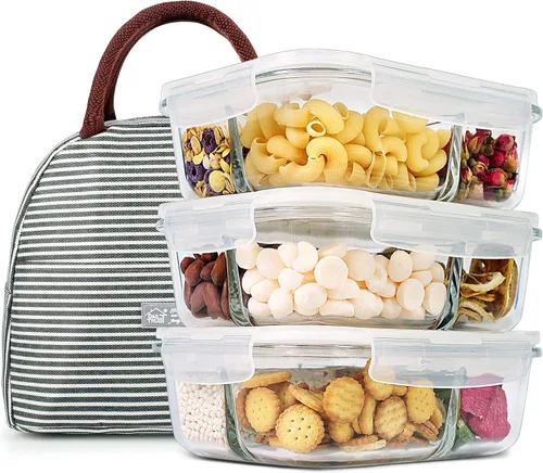 Miniatura 8 de DAS TRUST Paquete de 3 recipientes de almacenamiento de alimentos, 2 compartimentos, recipientes de vidrio para preparación de comidas con tapas