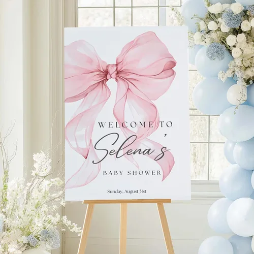 Letrero de bienvenida personalizado para baby shower, letrero de bienvenida personalizado con lazo rosa para baby shower, póster de lazo rosa Estilo
