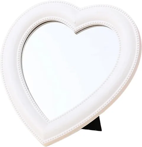 Miniatura 9 de Mokoze Espejo en forma de corazón para escritorio o pared, espejo de tocador rosa claro de 11 x 10.6 pulgadas con soporte y agujero para colgar