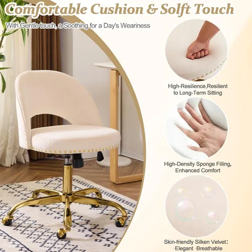 Miniatura 4 de VINGLI Silla de Oficina Pequeña de Terciopelo Moderna, Linda Silla de Escritorio con Ruedas, Base/Tachuelas Doradas, Cómoda Silla Giratoria sin Beige