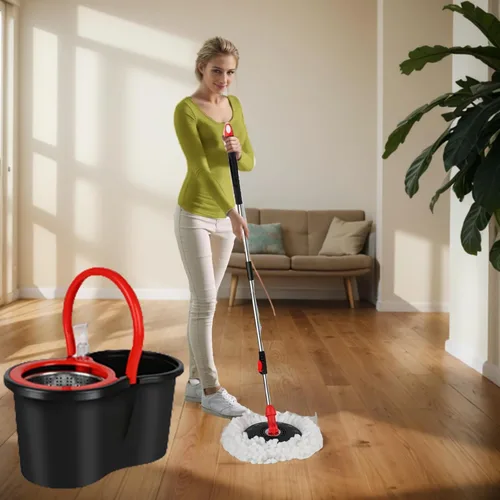 Miniatura 7 de Trapeador giratorio y cubo con juego de escurridor, sistema de cubo giratorio de 360° con 3 cabezales de repuesto de mopa de microfibra, mango