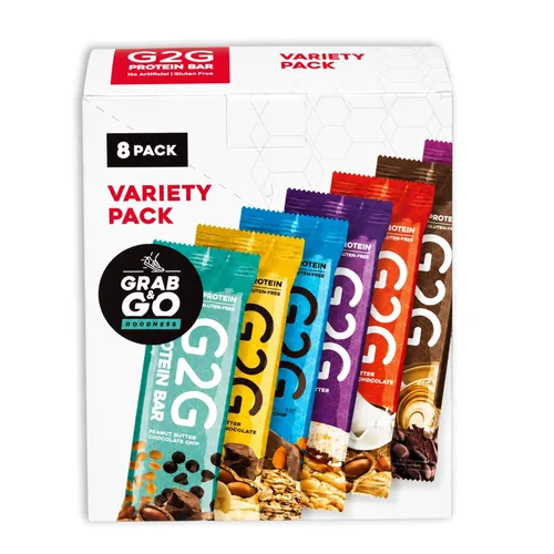 G2G Barra de proteínas, paquete variado de 8 sabores, alto en proteínas, sin gluten, aperitivo saludable, delicioso reemplazo de comidas,