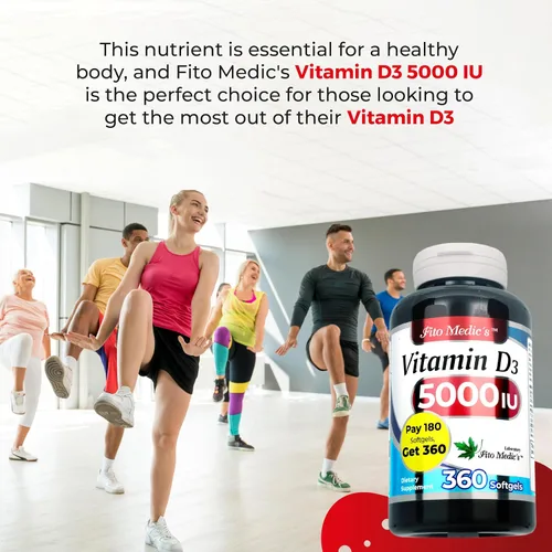 Miniatura 4 de FITO MEDIC'S Laboratorio - Vitamina d - 5000 UI de - Vitamina d3-360 cápsulas blandas - Vitamina d3 5000 iu - para hueso, dientes, músculo e