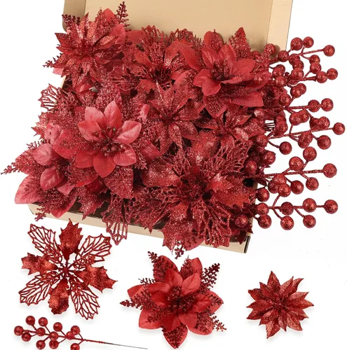 Miniatura 7 de N&T NIETING - Kit de 24 piezas de flores artificiales de Pascua y tallos con bayas y purpurina para Navidad, adornos florales para árbol de Navidad