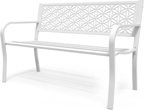 Miniatura 11 de VINGLI Banco de metal para exteriores de 50 pulgadas con respaldo floral, banco de jardín delantero para patio, entrada, parque exterior, capacidad