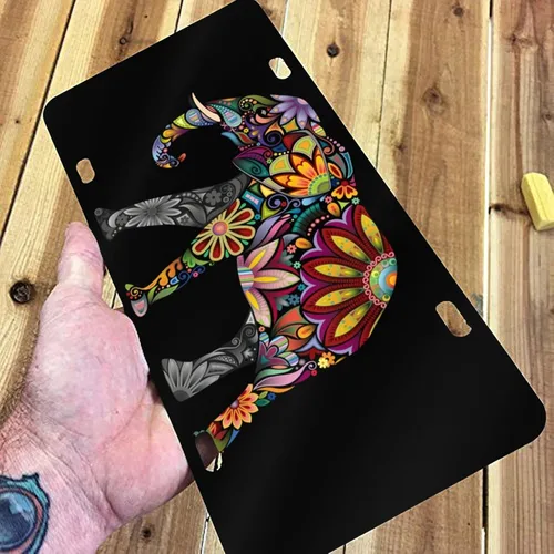 Miniatura 5 de Placa de matrícula delantera de aluminio con diseño alegre boho de mandala floral con elefante, placas de matrícula decorativas divertidas de metal