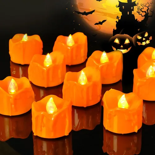 Paquete de 12 velas de té naranja para Halloween, velas pequeñas que gotean, velas LED que funcionan con pilas, mini luces de calabaza con bombilla