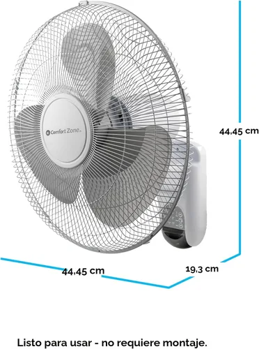 Miniatura 8 de Comfort Zone Ventilador de montaje en pared de 16 pulgadas con control remoto, funcionamiento silencioso de 3 velocidades, temporizador, inclinación