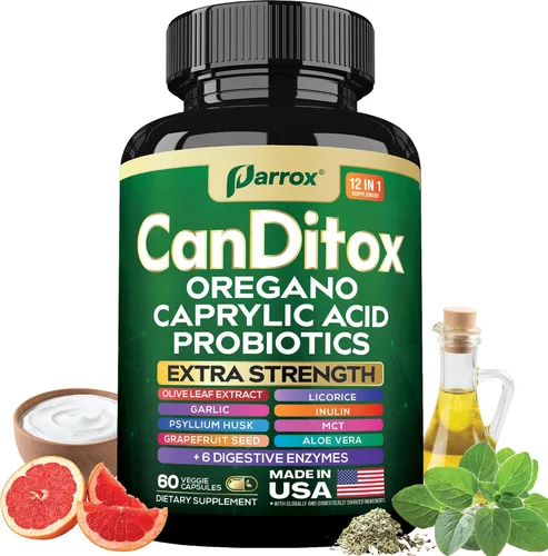 CanDitox Cápsulas, orégano, ácido caprílico, ajo, hoja de olivo, cáscara de psyllium, regaliz, probióticos, inulina, aloe vera, aceite MCT, semilla