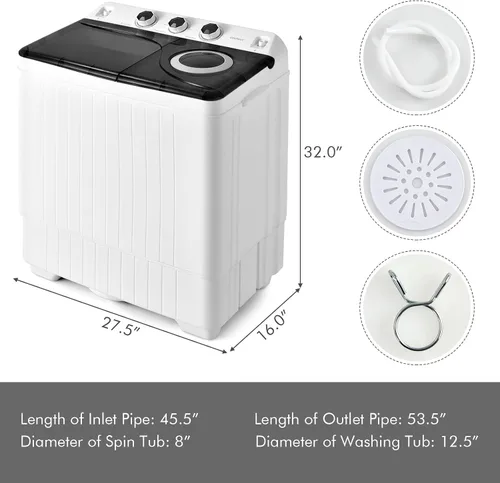 Miniatura 4 de COSTWAY - Lavadora portátil, 2 en 1, de doble tina, con capacidad de 26 libras; lavadora (18 libras) y centrifugadora (8 libras), con perillas