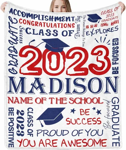 Miniatura 29 de Decoraciones de graduación 2023, manta de regalo para ella, él, felicitaciones 2023, azul oscuro, manta de graduado con nombre personalizado, No.11
