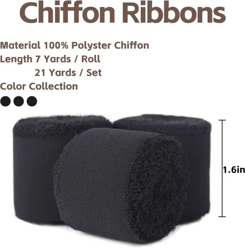 Miniatura 2 de 3 rollos de cinta de gasa con flecos hecha a mano, de chifón, color negro, de 1.5 pulgadas de ancho x 7 yardas de largo, cinta estilo seda