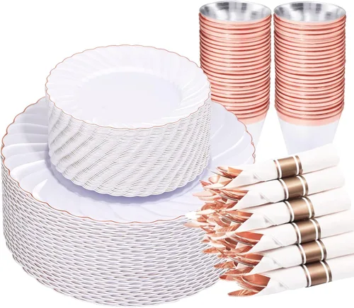 Miniatura 13 de YOUBET - 350 piezas de platos de plástico negro y dorado - Juegos de vajilla desechable dorada para 50 invitados - 100 platos de plástico, 150