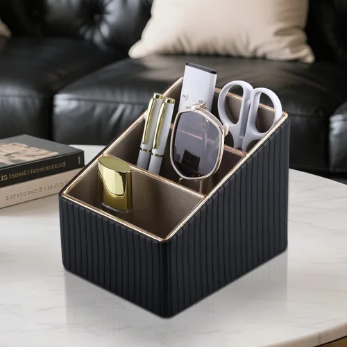 Miniatura 7 de KINGFOM Organizador de 3 ranuras de cuero sintético PU para control remoto, caja de almacenamiento de artículos diversos para el hogar