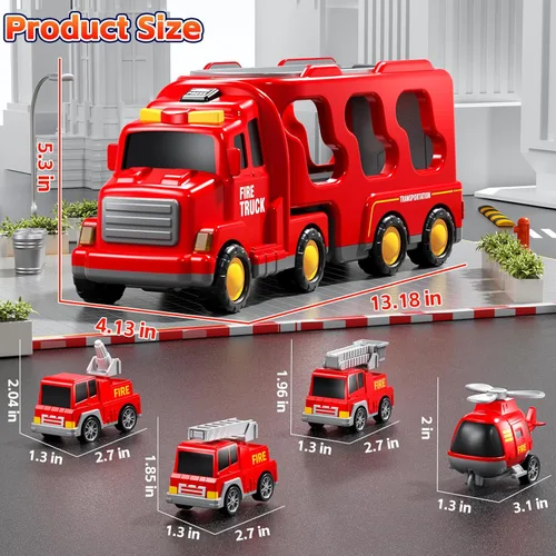 Miniatura 5 de Camiones de Bomberos de Juguete para Niños Pequeños de 1-3, 3-5, Conjunto de Vehículos Transportadores de Carros de Bomberos 5 en 1 para Niñas de 1