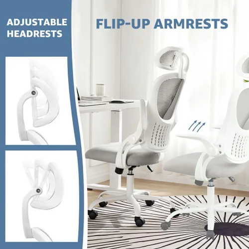 Miniatura 6 de Silla de oficina, sillones de escritorio ergonómicos con soporte lumbar ajustable y reposabrazos abatibles, silla de trabajo de malla con respaldo