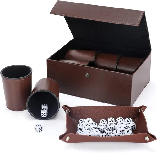 Party Games - Juego de dados de cuero, 6 tazas de dados de cuero negro + 30 dados + funda exclusiva de almacenamiento y transporte hecha de piel