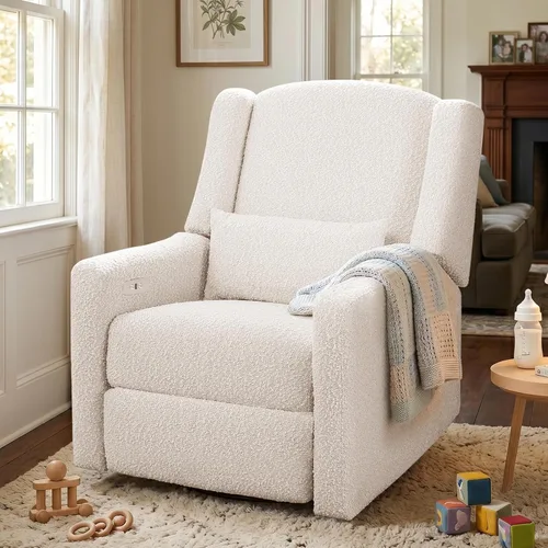 Power Nursery Recliner Rocking Chair with Waist Pillow, Comfy Teddy Farbric, High Back & Lumbar Support Swivel Gilder Recliner for Adults, Living