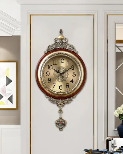 Miniatura 2 de Reloj de pared de péndulo, movimiento de cuarzo a pilas, silencioso sin tictac, reloj de madera grande de metal antiguo, para decoración del hogar