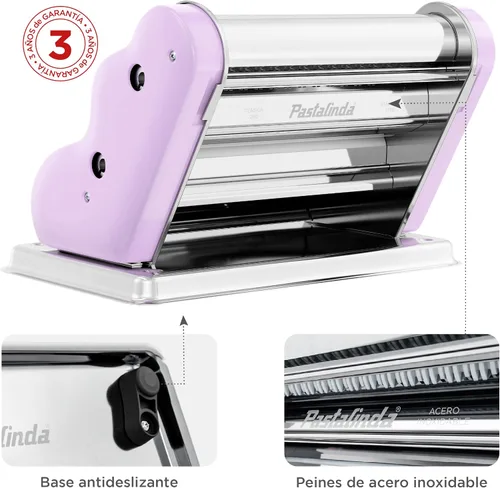 Miniatura 3 de PASTALINDA Máquina para hacer pasta Classic 260, rodillos de 10.2 in de ancho, 9 posiciones de grosor, 2 posiciones de corte, acero inoxidable, Lila