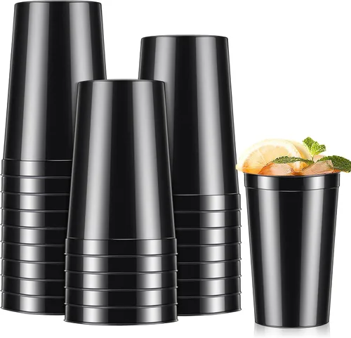 Miniatura 10 de Mifoci 24 vasos de plástico para estadios en blanco, reutilizables, apilables, para fiestas de cumpleaños, bodas, Mardi Gras (16 onzas, negro)