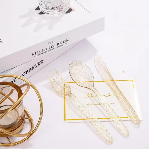 Miniatura 3 de WDF Cubiertos de plástico dorado 360, cubiertos desechables con purpurina dorada, cubiertos de plástico con 120 tenedores, 120 cucharas, 120