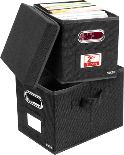 Miniatura 9 de ZEDKEHO Juego de 2 cajas de almacenamiento de discos de vinilo - Almacenamiento de álbumes con capacidad para más de 100 discos individuales, caja