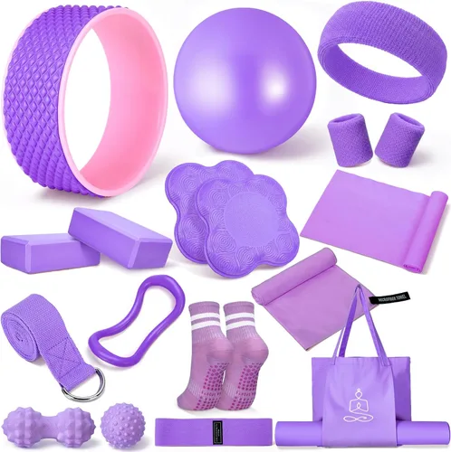 Gemscream 17 piezas de kits esenciales de yoga para mujeres, juegos de equipos de pilates para principiantes con rueda de yoga, bloques de pelota,