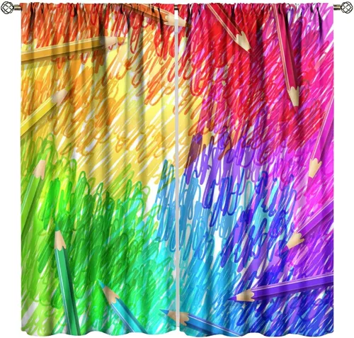 Miniatura 46 de Cortinas opacas abstractas de arco iris, pintura de color arcoíris con gotas, diseño gráfico creativo con bolsillo para barra, para sala de estar