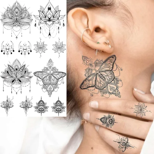 Miniatura 6 de EGMBGM 15 hojas de tatuajes temporales de loto negro sexy para mujeres, novias de boda, joyería falsa tribal, colgante de encaje, luna, polilla