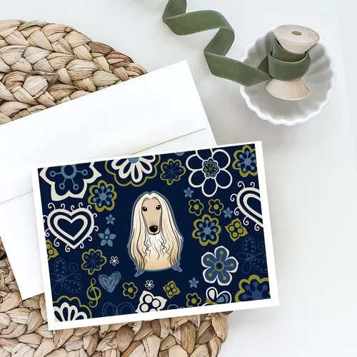 Miniatura 2 de Caroline's Treasures BB5095GCA7P - Tarjetas de felicitación y sobres con diseño de flores azules y sabuesos afganos, paquete de 8 tarjetas en blanco