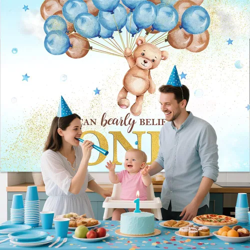 Miniatura 3 de MEHOFOND We Can Bearly Believe It One - Fondo para decoración de primer cumpleaños para niño, globo de oso azul, pancarta de primer cumpleaños