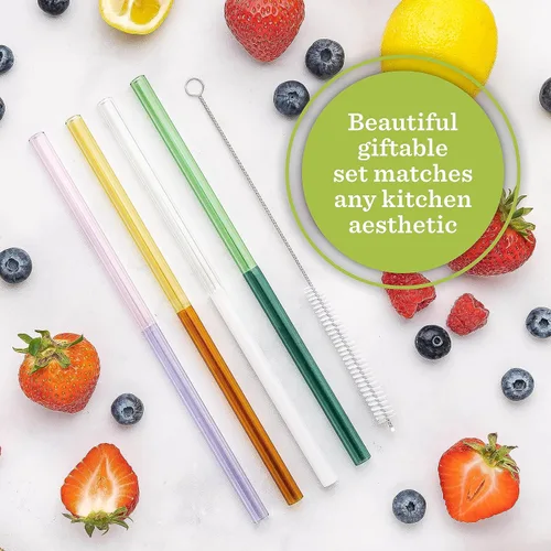 Miniatura 6 de Pajitas de vidrio – Dos colores – Juego de 5 unidades para beber jugos, batidos, aguas, resistentes a roturas, reutilizables, elegantes