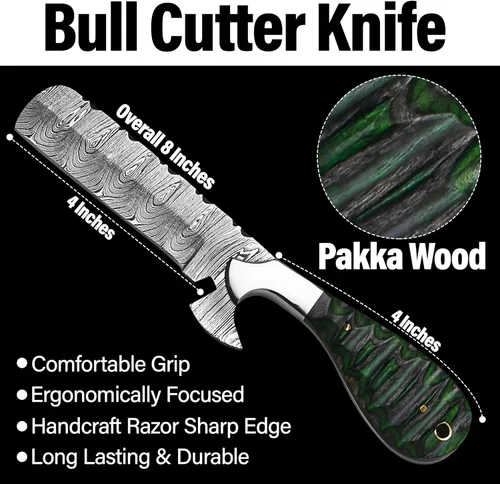Miniatura 2 de 8" Cuchillo de corte de toro de Damasco hecho a mano con funda de cuero - Cuchillo de vaquero occidental para caza, despellejado, acampada y Verde
