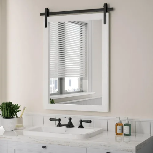 Espejo de casa de campo para baño, espejo de tocador rústico blanco con marco de madera, espejos decorativos, estilo puerta de granero, decoración