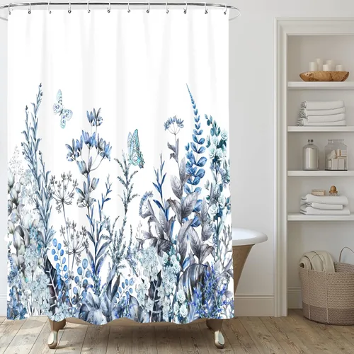 Miniatura 3 de Cortina de ducha floral, juego de cortina de ducha con flores azules, cortinas de ducha botánicas de flores silvestres para baño, tela impermeable