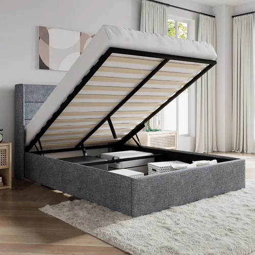 Miniatura 24 de SHA CERLIN - Cama de tamaño completo con almacenamiento elevado/Cabecero abatible moderno/Base de cama tapizada con plataforma/Almacenamiento Beige