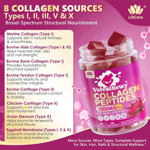 Miniatura 8 de Gomitas de colágeno + masticables suaves de biotina de 3000 mg para mujeres y hombres, péptidos de colágeno ultra hidrolizados que aumentan tipo I