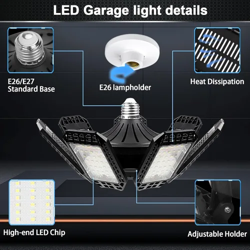 Miniatura 2 de AUDLES Paquete de 4 luces LED de garaje, 240 W, 24000 lm, 6500 K, luces LED de techo, con 7+1 paneles deformables, base con rosca E26/E27
