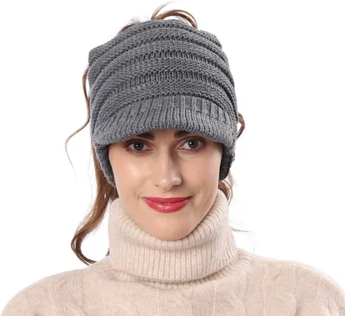Miniatura 4 de FORBUSITE Gorro de punto cálido para mujer con diseño de cola de caballo para coleta, gorro B085
