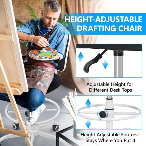 Miniatura 4 de Primy Silla ergonómica de escritorio de pie con respaldo medio sin brazos, silla alta con ruedas de malla, altura ajustable y reposapiés, sala