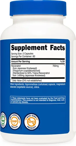 Miniatura 5 de Nutricost Resveratrol 0.017 onzas; 120 Cápsulas – 50% Trans-Resveratrol, 1 botella, 1