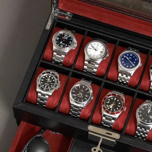 Miniatura 37 de ROTHWELL Caja de reloj de cuero de 10 ranuras con cajón de valet, organizador de exhibición de lujo con forro de microgamuza ultrasuave, soporte