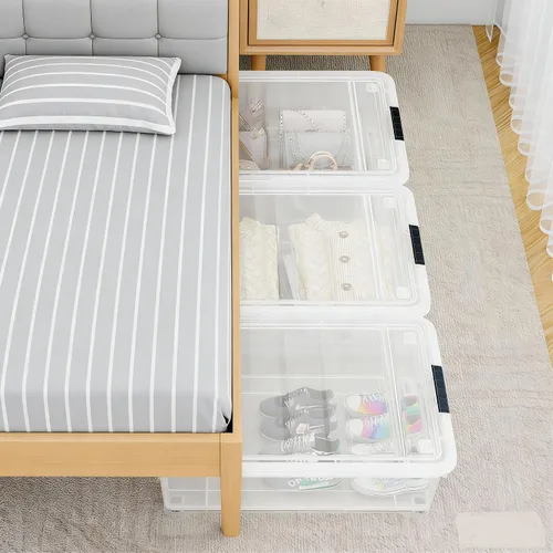 Miniatura 5 de Caja de almacenamiento de plástico transparente de 25 cuartos de galón con ruedas, caja de almacenamiento debajo de la cama, paquete de 3