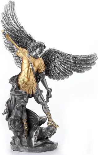 Veronese Design 14 5/8 pulgadas Saint Michael pisotea la escultura de resina de demonio fundido en frío estatua de acabado de peltre