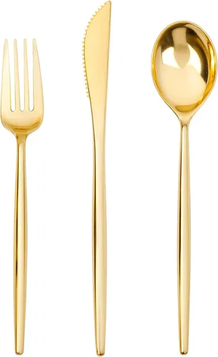 SUT 150 piezas de cubiertos de plástico dorado, utensilios de plástico, cubiertos dorados desechables, utensilios desechables resistentes, juego de